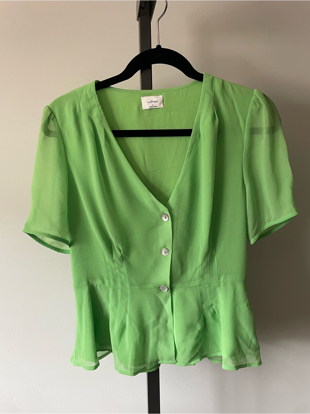 NEW Wilfred Button Front Blouse Green Chiffon Peplum Boho Cottagecore NWOT